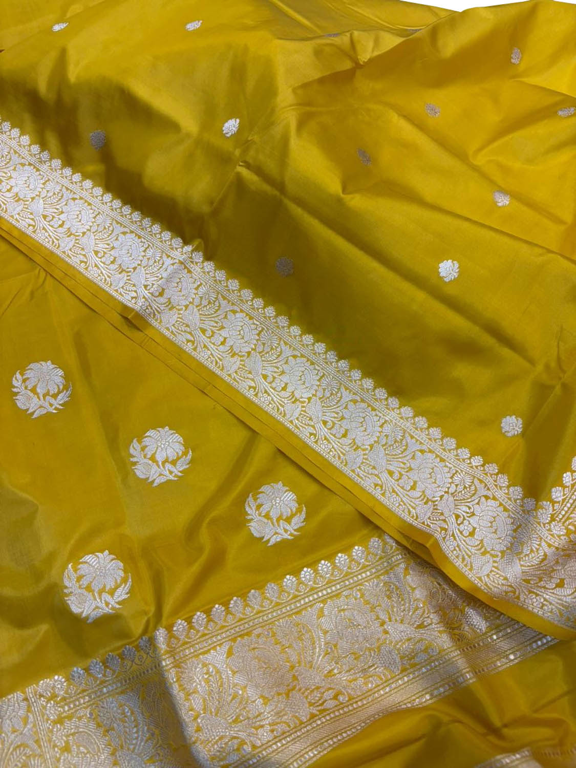 Yellow Pure Katan Silk Banarasi Handloom Three Piece Unstitched Suit Set - Luxurion World