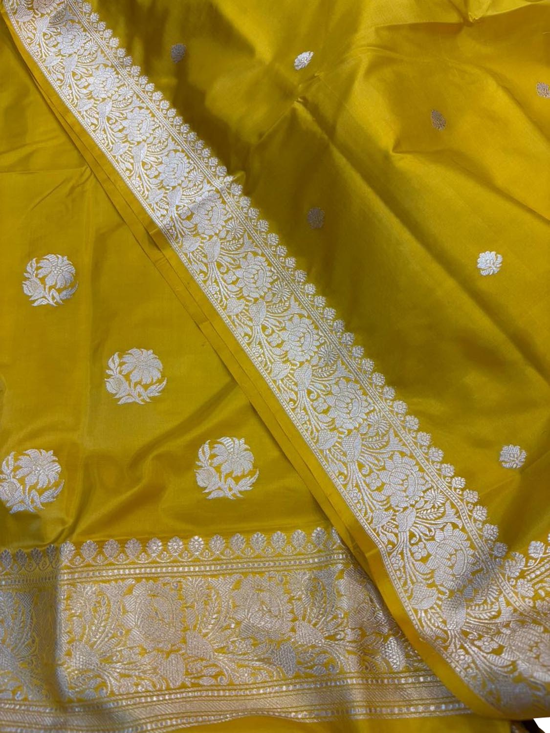 Yellow Pure Katan Silk Banarasi Handloom Three Piece Unstitched Suit Set - Luxurion World