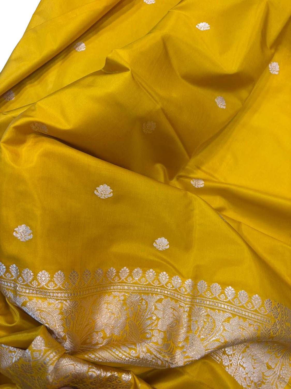 Yellow Pure Katan Silk Banarasi Handloom Three Piece Unstitched Suit Set - Luxurion World