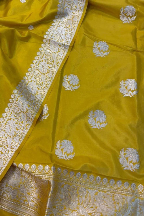 Yellow Pure Katan Silk Banarasi Handloom Three Piece Unstitched Suit Set - Luxurion World
