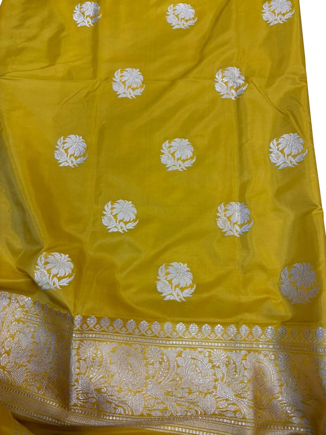 Yellow Pure Katan Silk Banarasi Handloom Three Piece Unstitched Suit Set - Luxurion World