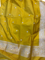Yellow Pure Katan Silk Banarasi Handloom Three Piece Unstitched Suit Set - Luxurion World
