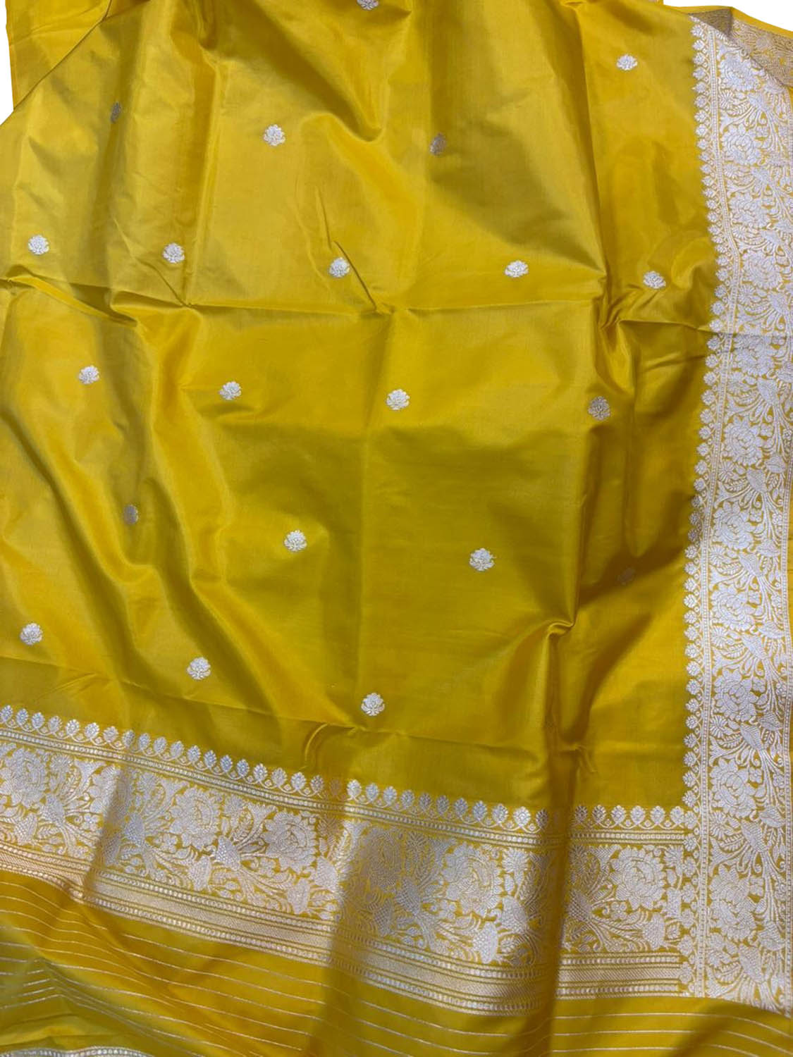 Yellow Pure Katan Silk Banarasi Handloom Three Piece Unstitched Suit Set - Luxurion World