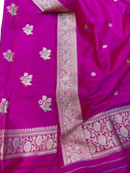 Pink Pure Katan Silk Banarasi Handloom Three Piece Unstitched Suit Set - Luxurion World