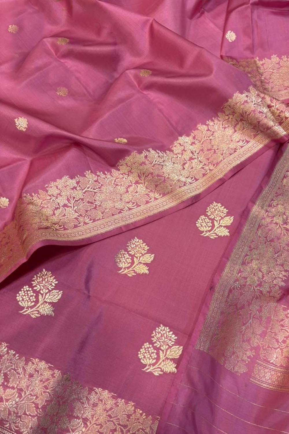 Pink Pure Katan Silk Banarasi Handloom Three Piece Unstitched Suit Set - Luxurion World