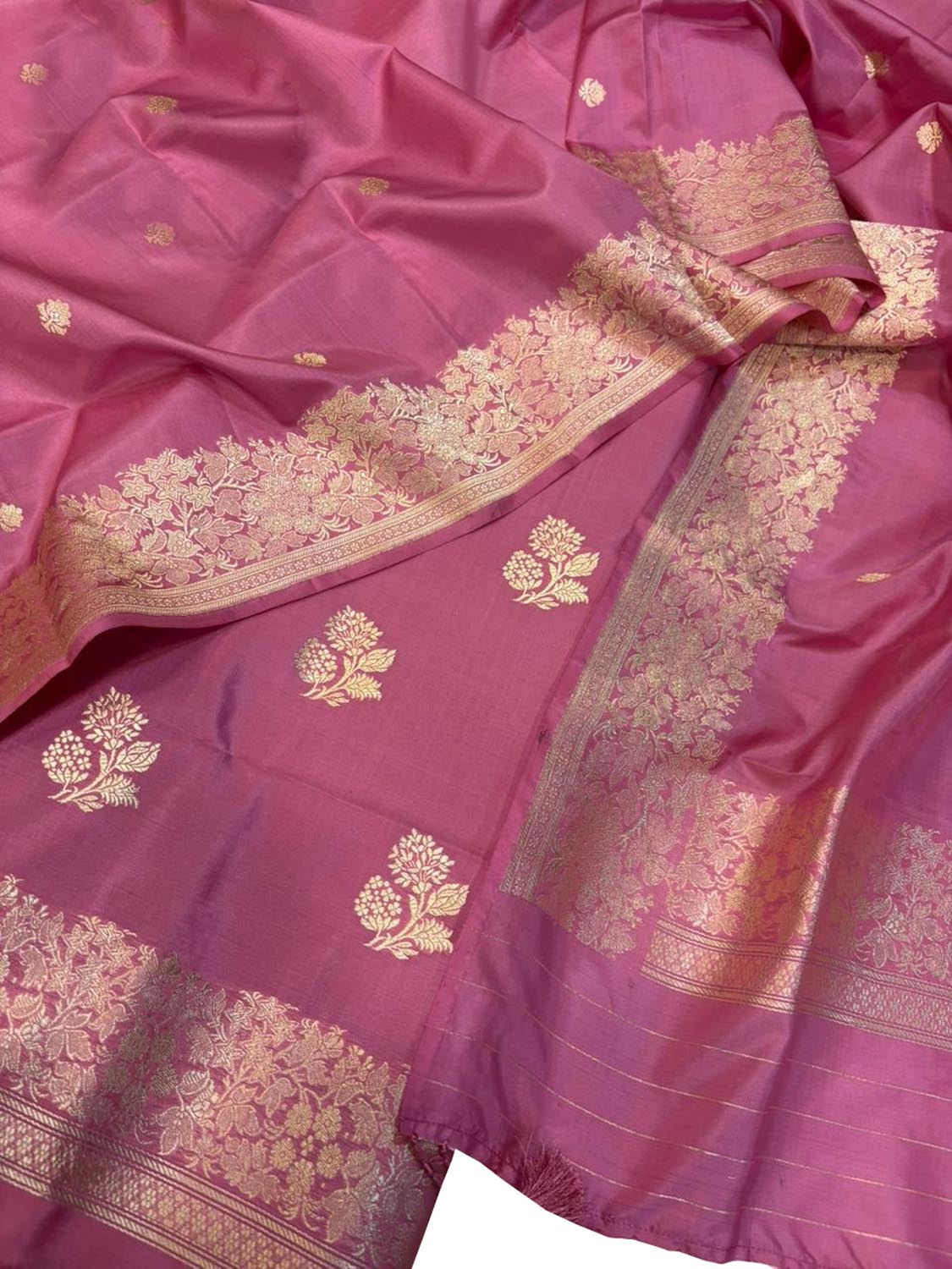 Pink Pure Katan Silk Banarasi Handloom Three Piece Unstitched Suit Set - Luxurion World