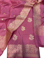 Pink Pure Katan Silk Banarasi Handloom Three Piece Unstitched Suit Set - Luxurion World