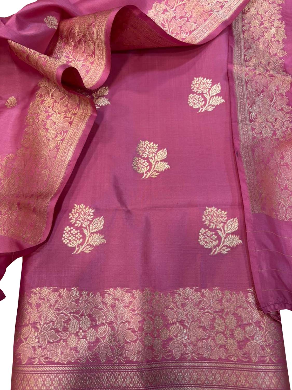 Pink Pure Katan Silk Banarasi Handloom Three Piece Unstitched Suit Set - Luxurion World