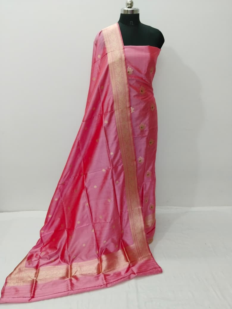Pink Pure Katan Silk Banarasi Handloom Three Piece Unstitched Suit Set - Luxurion World
