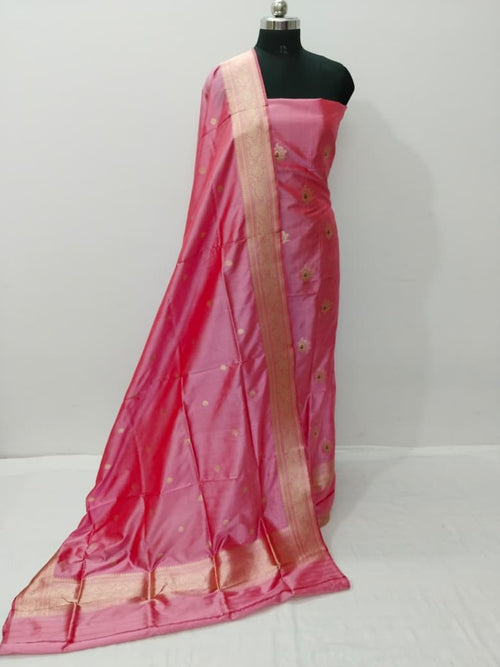 Pink Pure Katan Silk Banarasi Handloom Three Piece Unstitched Suit Set - Luxurion World