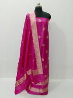 Pink Pure Katan Silk Banarasi Handloom Three Piece Unstitched Suit Set - Luxurion World