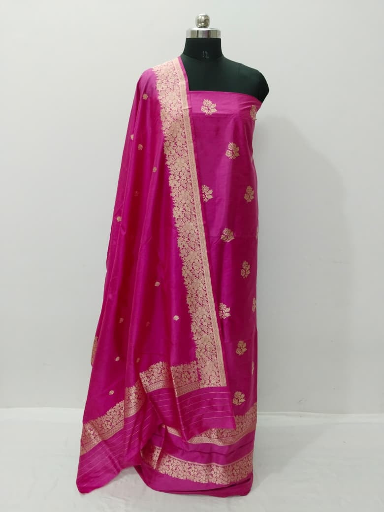 Pink Pure Katan Silk Banarasi Handloom Three Piece Unstitched Suit Set - Luxurion World