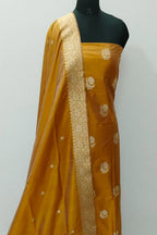 Yellow Pure Katan Silk Banarasi Handloom Three Piece Unstitched Suit Set - Luxurion World