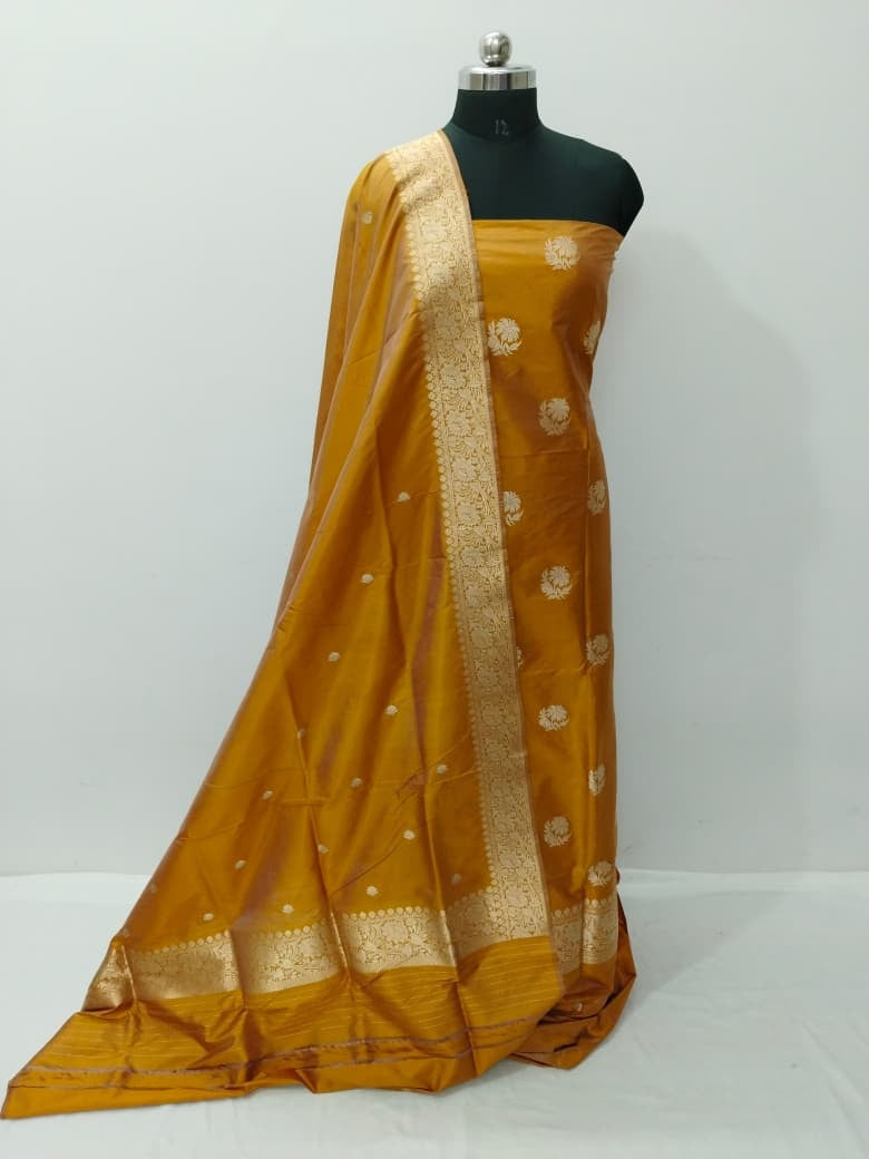 Yellow Pure Katan Silk Banarasi Handloom Three Piece Unstitched Suit Set - Luxurion World