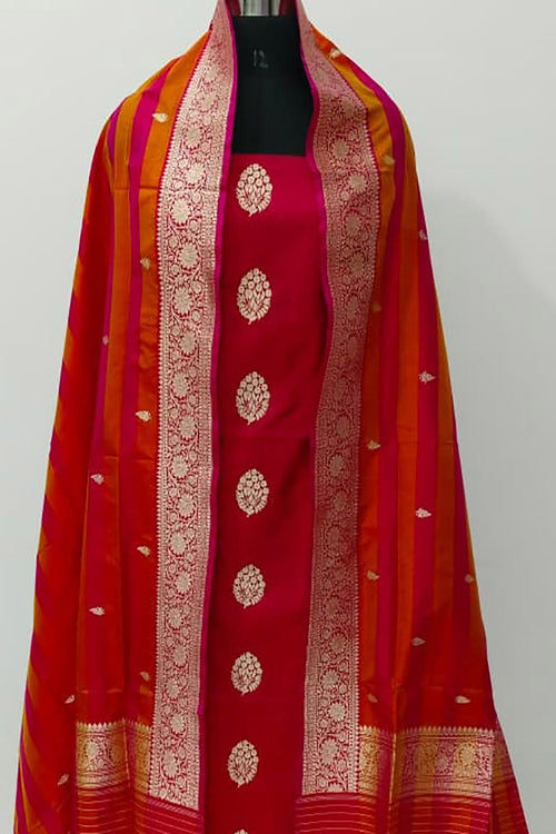 Red Pure Katan Silk Banarasi Handloom Three Piece Unstitched Suit Set - Luxurion World