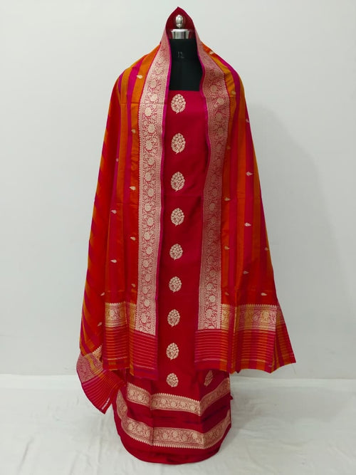 Red Pure Katan Silk Banarasi Handloom Three Piece Unstitched Suit Set - Luxurion World