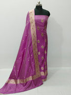 Pink Pure Katan Silk Banarasi Handloom Three Piece Unstitched Suit Set - Luxurion World