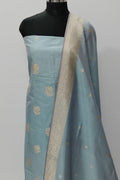 Blue Pure Katan Silk Banarasi Handloom Three Piece Unstitched Suit Set - Luxurion World