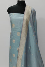 Blue Pure Katan Silk Banarasi Handloom Three Piece Unstitched Suit Set - Luxurion World