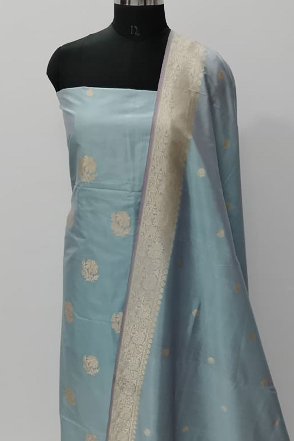 Blue Pure Katan Silk Banarasi Handloom Three Piece Unstitched Suit Set - Luxurion World