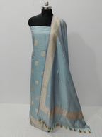 Blue Pure Katan Silk Banarasi Handloom Three Piece Unstitched Suit Set - Luxurion World