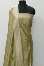 Green Pure Katan Silk Banarasi Handloom Three Piece Unstitched Suit Set - Luxurion World
