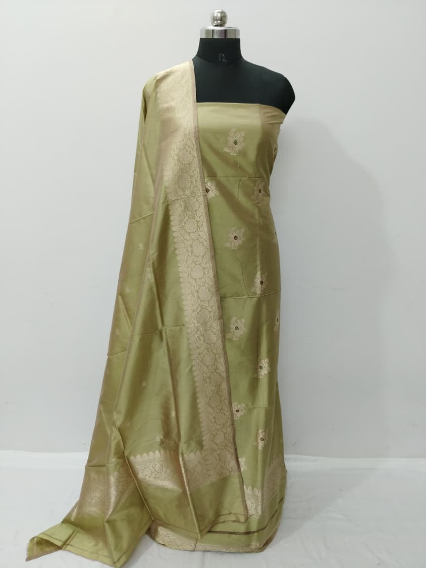 Green Pure Katan Silk Banarasi Handloom Three Piece Unstitched Suit Set - Luxurion World