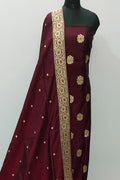 Maroon Pure Katan Silk Banarasi Handloom Three Piece Unstitched Suit Set - Luxurion World