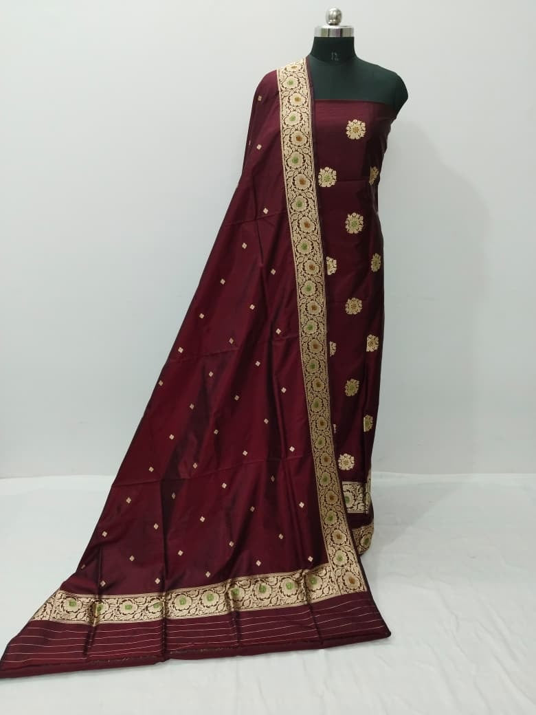 Maroon Pure Katan Silk Banarasi Handloom Three Piece Unstitched Suit Set - Luxurion World