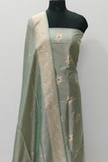 Green Pure Katan Silk Banarasi Handloom Three Piece Unstitched Suit Set - Luxurion World