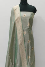 Green Pure Katan Silk Banarasi Handloom Three Piece Unstitched Suit Set - Luxurion World
