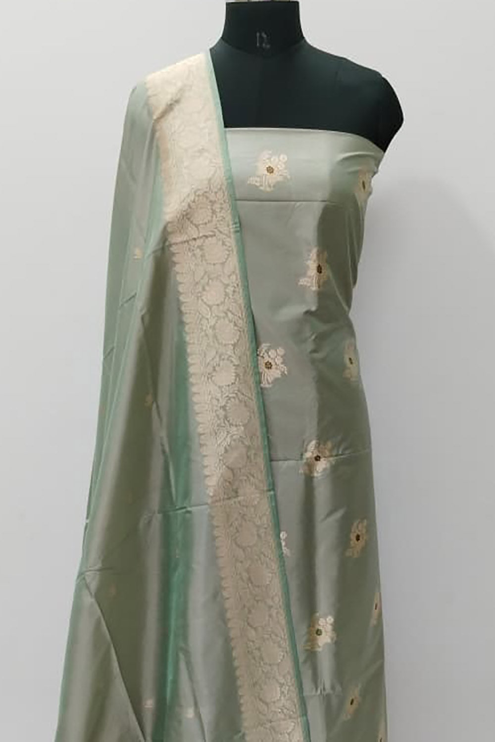 Green Pure Katan Silk Banarasi Handloom Three Piece Unstitched Suit Set - Luxurion World