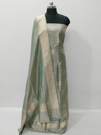 Green Pure Katan Silk Banarasi Handloom Three Piece Unstitched Suit Set - Luxurion World