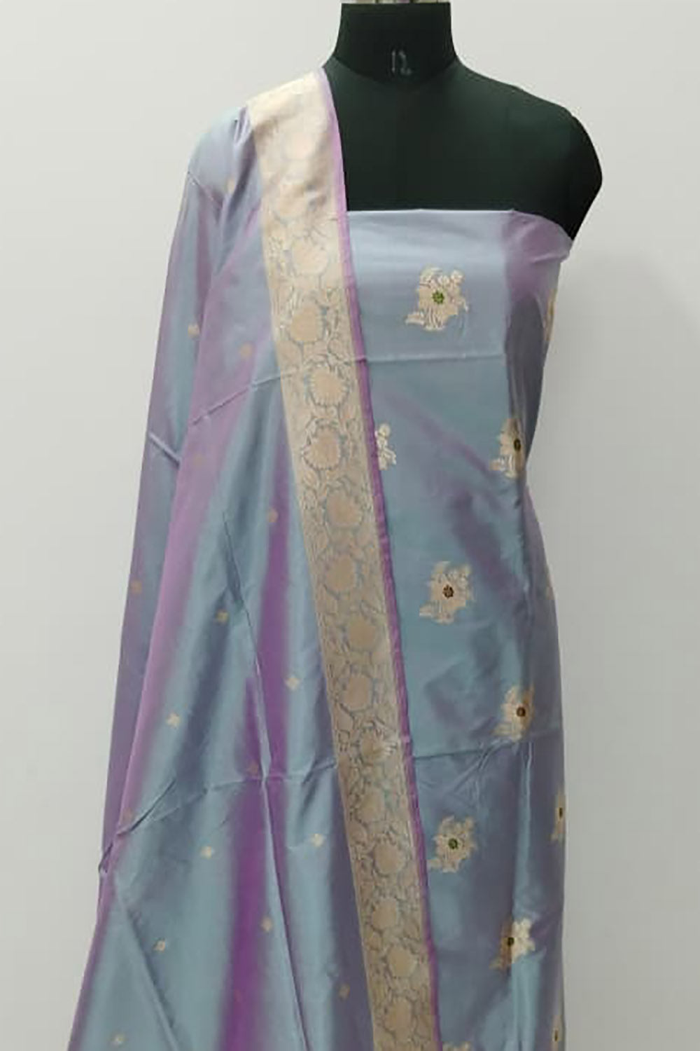 Blue Pure Katan Silk Banarasi Handloom Three Piece Unstitched Suit Set - Luxurion World