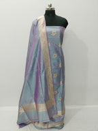 Blue Pure Katan Silk Banarasi Handloom Three Piece Unstitched Suit Set - Luxurion World