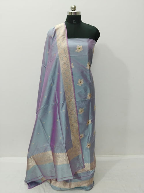 Blue Pure Katan Silk Banarasi Handloom Three Piece Unstitched Suit Set - Luxurion World