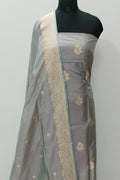 Grey Pure Katan Silk Banarasi Handloom Three Piece Unstitched Suit Set - Luxurion World