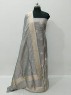 Grey Pure Katan Silk Banarasi Handloom Three Piece Unstitched Suit Set - Luxurion World