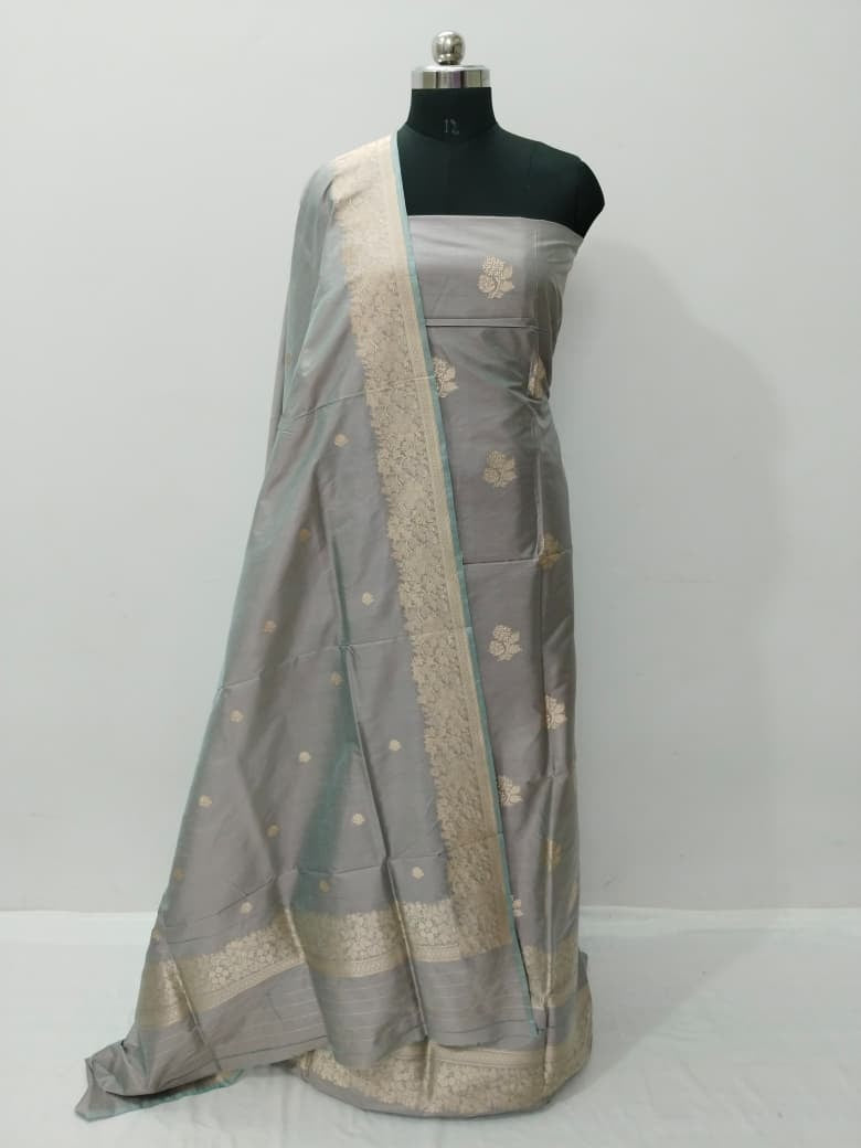 Grey Pure Katan Silk Banarasi Handloom Three Piece Unstitched Suit Set - Luxurion World