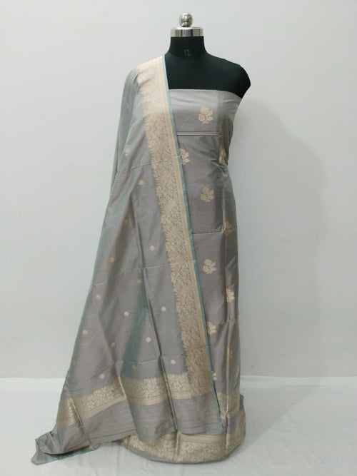 Grey Pure Katan Silk Banarasi Handloom Three Piece Unstitched Suit Set - Luxurion World