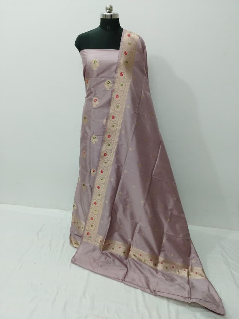 Purple Pure Katan Silk Banarasi Handloom Three Piece Unstitched Suit Set - Luxurion World