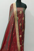 Maroon Pure Katan Silk Banarasi Handloom Three Piece Unstitched Suit Set - Luxurion World