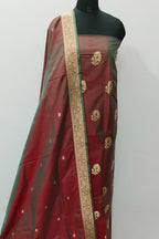 Maroon Pure Katan Silk Banarasi Handloom Three Piece Unstitched Suit Set - Luxurion World
