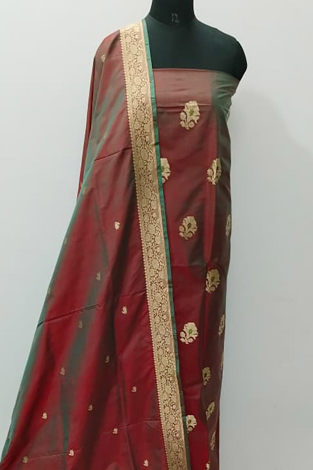 Maroon Pure Katan Silk Banarasi Handloom Three Piece Unstitched Suit Set - Luxurion World