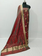 Maroon Pure Katan Silk Banarasi Handloom Three Piece Unstitched Suit Set - Luxurion World