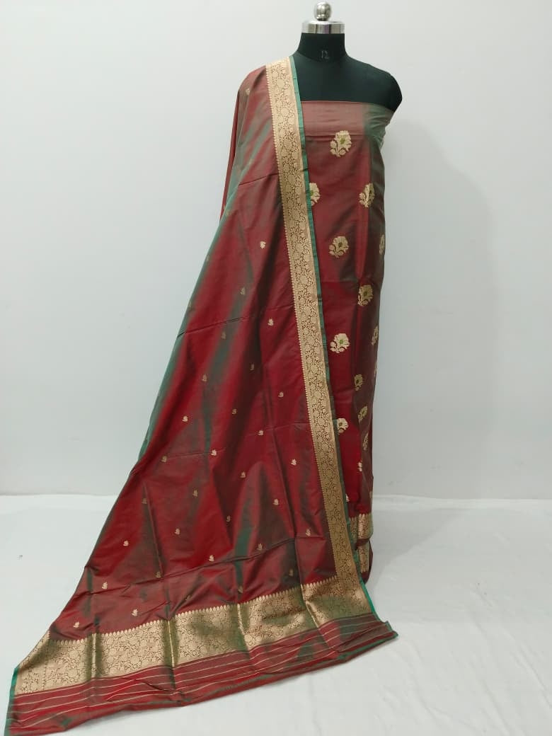 Maroon Pure Katan Silk Banarasi Handloom Three Piece Unstitched Suit Set - Luxurion World