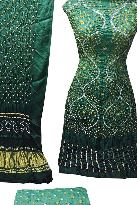 Green Bandhani Hand Bandhej Gajji Silk Three Piece Unstitched Suit Set - Luxurion World