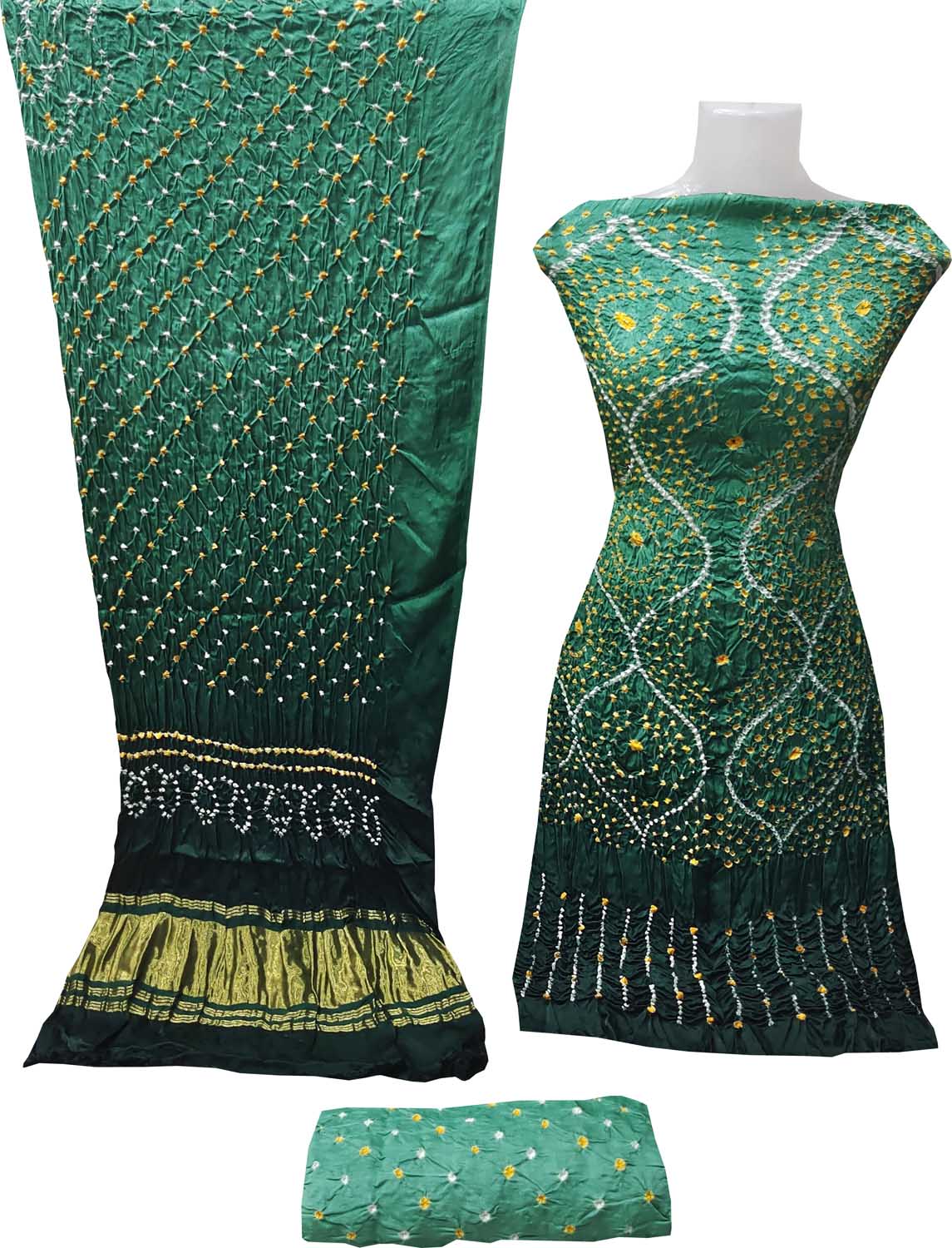 Green Bandhani Hand Bandhej Gajji Silk Three Piece Unstitched Suit Set - Luxurion World