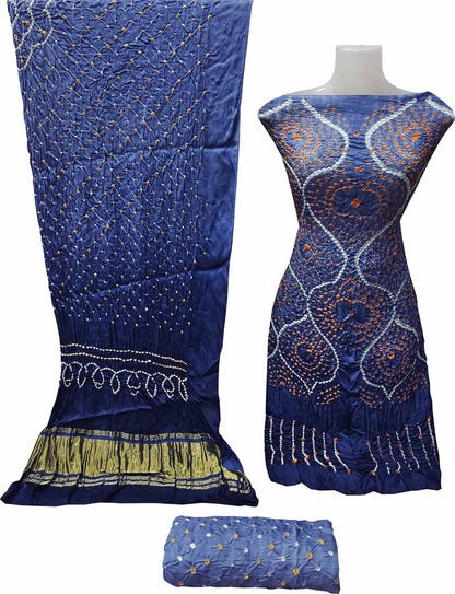 Blue Bandhani Hand Bandhej Gajji Silk Three Piece Unstitched Suit Set - Luxurion World
