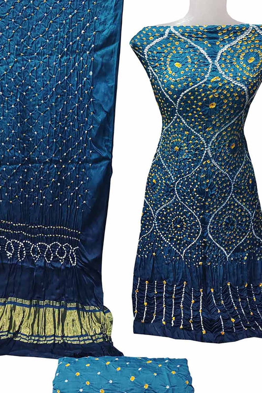 Blue Bandhani Hand Bandhej Gajji Silk Three Piece Unstitched Suit Set - Luxurion World